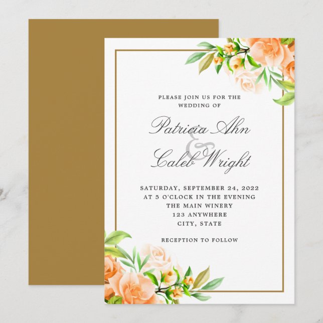 Modern Gold Pink Orange White Floral  Wedding  Invitation (Front/Back)