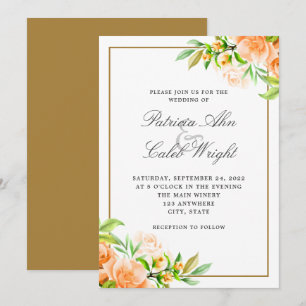 Modern Gold Pink Orange White Floral  Wedding  Invitation