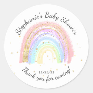 Modern Gold Pink Rainbow Baby Shower Favour Sticke Classic Round Sticker