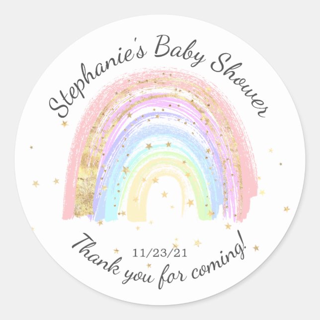 Modern Gold Pink Rainbow Baby Shower Favour Sticke Classic Round Sticker (Front)