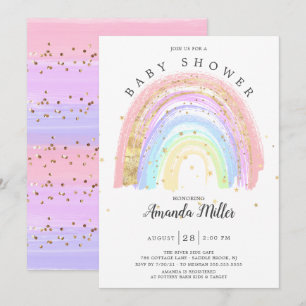 Modern Gold Pink Rainbow Baby Shower  Invitation