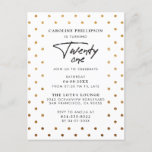 Modern Gold Polka & Brush Script 21st Birthday Invitation Postcard<br><div class="desc">This modern 21st birthday party invitation features a gold polka dot background with modern lettering for the invitation text with "Twenty One" written in a hand-lettered style script. Add your own details quickly and easily by clicking the "personalise this template" button and take home the perfect modern invitation for your...</div>