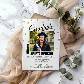 Modern Gold Polka Dot Graduation Party Photo Invitation