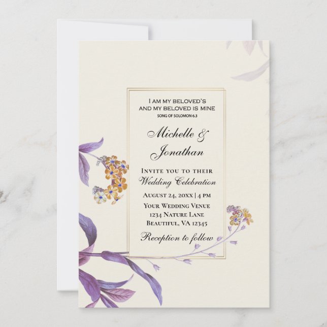 Modern Gold Purple Flowers Christian Wedding Invitation (Front)