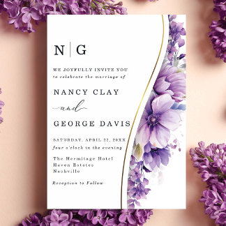 Modern Gold Purple Flowers Monogram Wedding Invitation