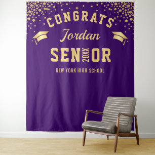 Modern Gold Purple Graduation Photo Booth Backdrop Tapestry