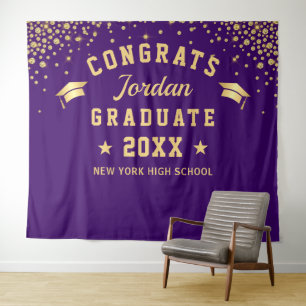 Modern Gold Purple Graduation Photo Booth Backdrop Tapestry