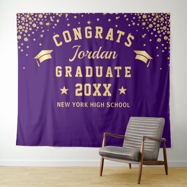 Modern Gold Purple Graduation Photo Booth Backdrop Tapestry (In Situ (Horizontal))