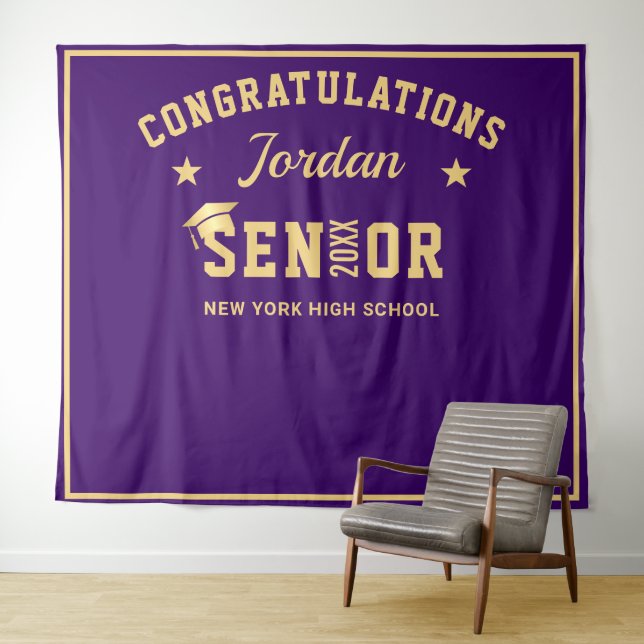 Modern Gold Purple Graduation Photo Booth Backdrop Tapestry (In Situ (Horizontal))