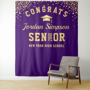 Modern Gold Purple Graduation Photo Booth Backdrop Tapestry