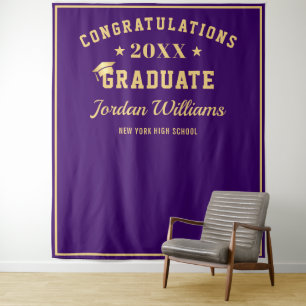 Modern Gold Purple Graduation Photo Booth Backdrop Tapestry