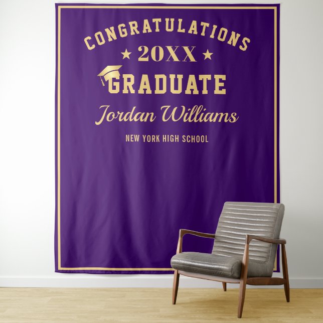 Modern Gold Purple Graduation Photo Booth Backdrop Tapestry (In Situ)