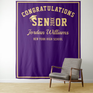Modern Gold Purple Graduation Photo Booth Backdrop Tapestry