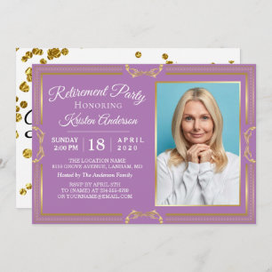 Modern Gold Purple Photo Retirement Party Invitation
