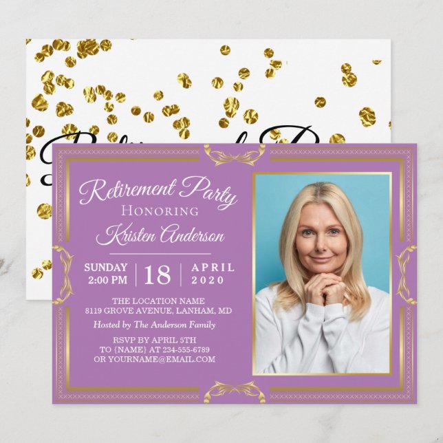 Modern Gold Purple Photo Retirement Party Invitation (Front/Back)
