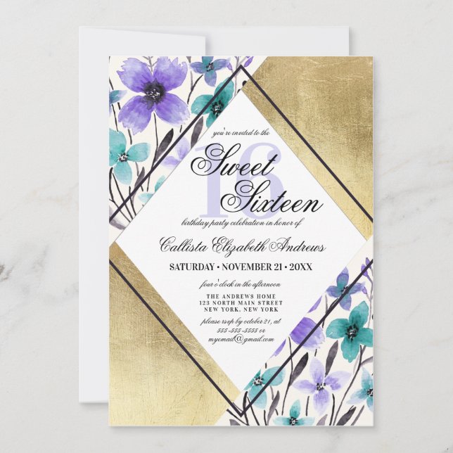 Modern Gold Purple Teal Flower Watercolor Sweet 16 Invitation (Front)