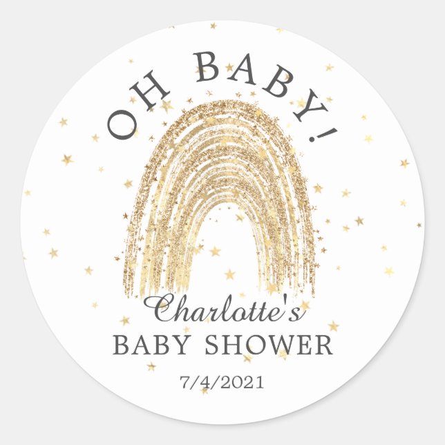 Modern Gold Rainbow Oh Baby Favour Sticker (Front)