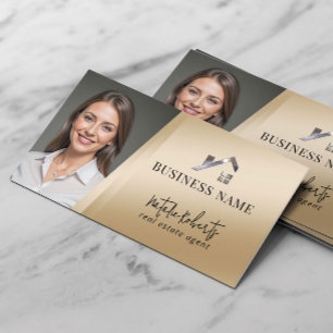Modern Gold Real Estate Custom Logo Realtor Photo Business Card