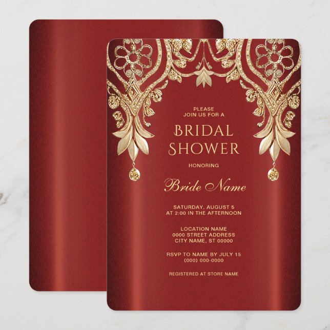 Modern Gold Red Floral Bridal Shower Invitation (Front/Back)