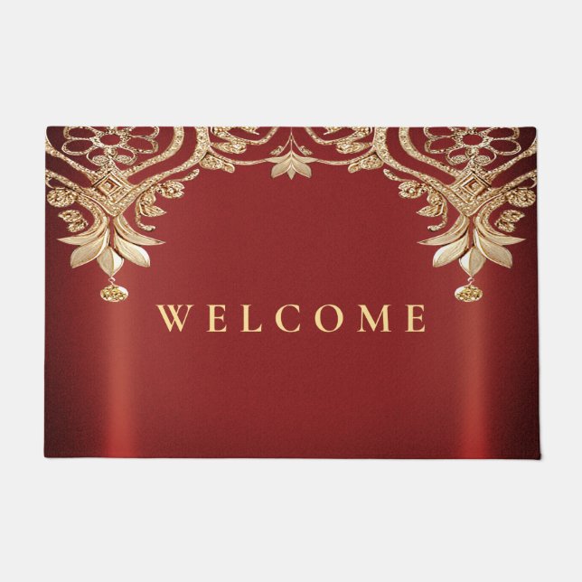 Modern Gold Red Floral Doormat (Front)