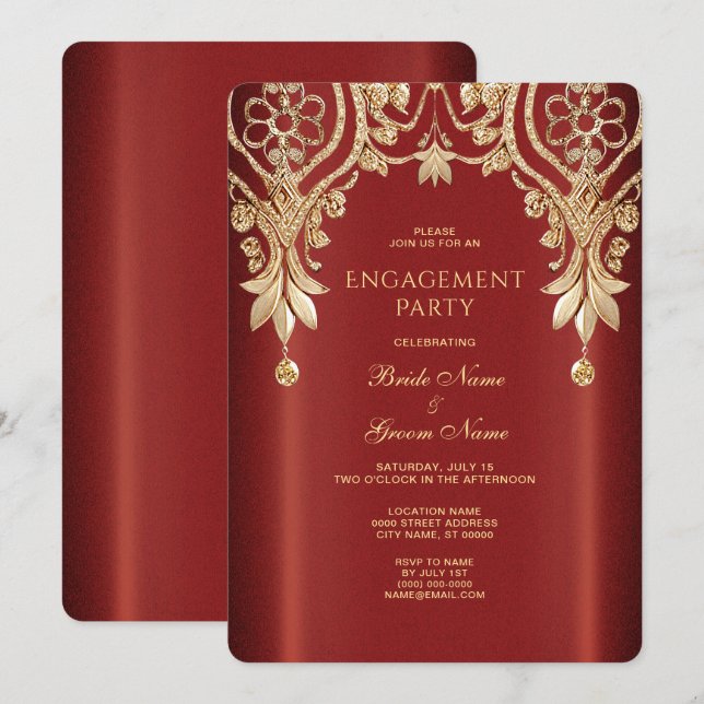 Modern Gold Red Floral Engagement Invitation (Front/Back)