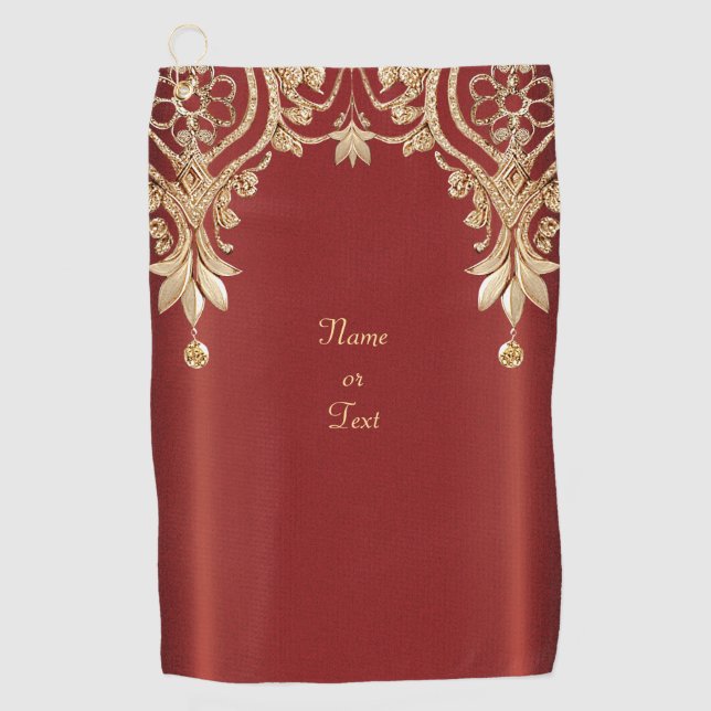 Modern Gold Red Floral Golf Towel (Front)