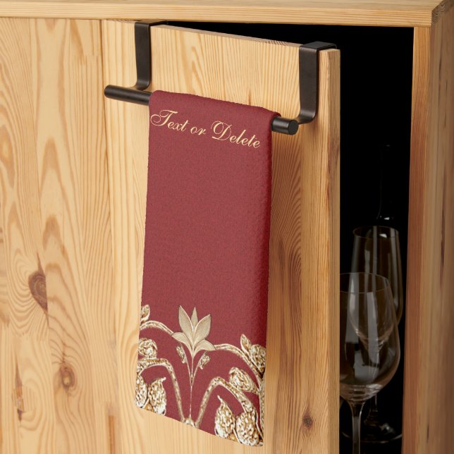 Modern Gold Red Floral Kitchen Towels (Thirds Fold)