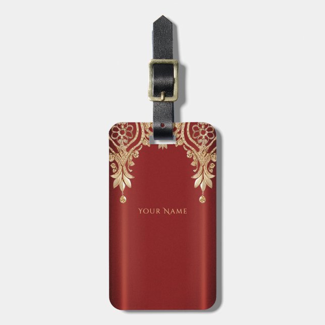 Modern Gold Red Floral Luggage Tag (Front Vertical)