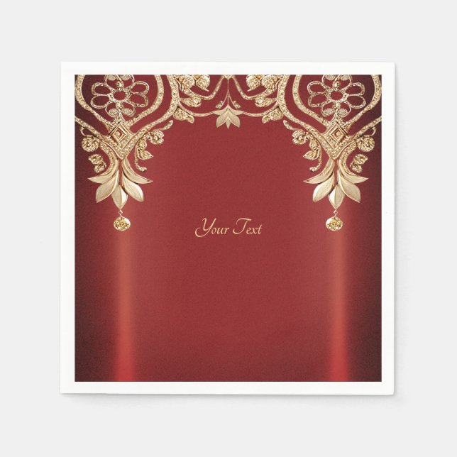 Modern Gold Red Floral Napkins (Front)