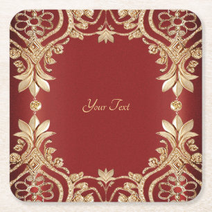Modern Gold Red Floral Paper Coaster