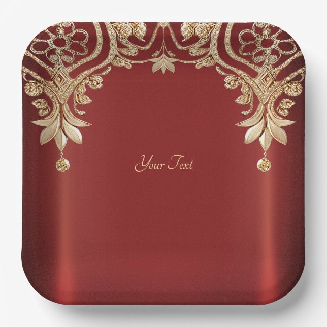 Modern Gold Red Floral Paper Plate (Front)