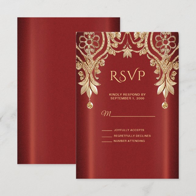 Modern Gold Red Floral RSVP Card (Front/Back)