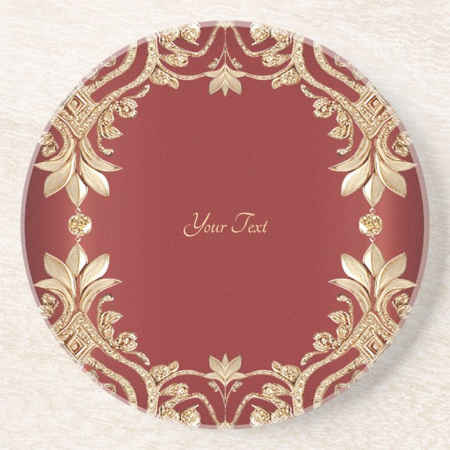 Modern Gold Red Floral Sandstone Coaster (Front)