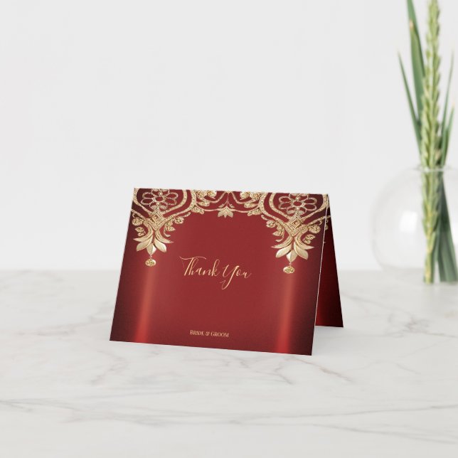 Modern Gold Red Floral Thank You Card (Front)
