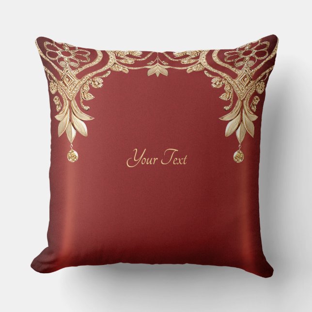Modern Gold Red Floral Throw Pillow (Front)