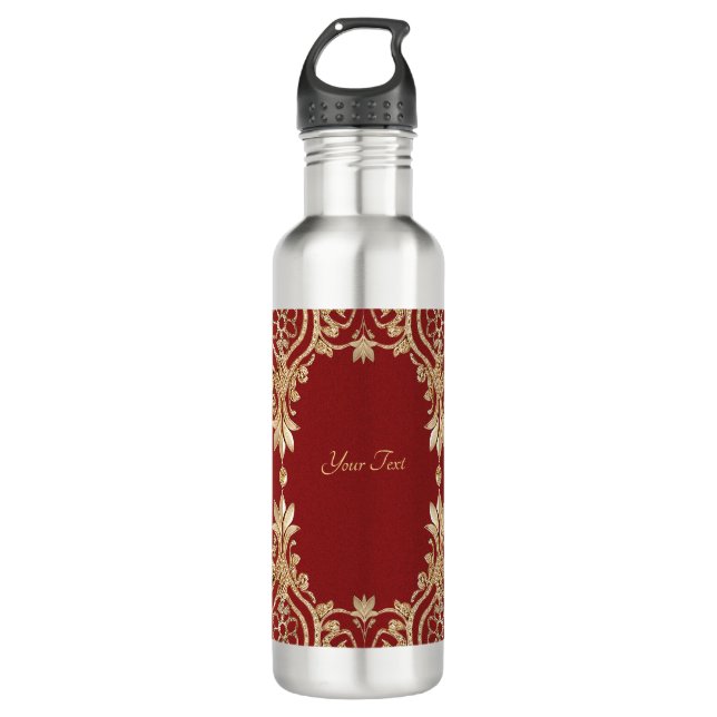 Modern Gold Red Floral Water Bottle (Front)