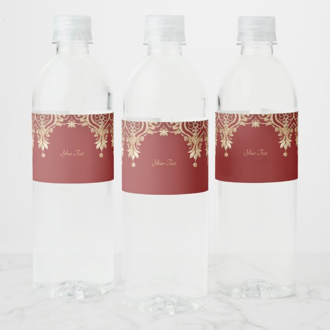 Modern Gold Red Floral Water Bottle Label (Bottles)