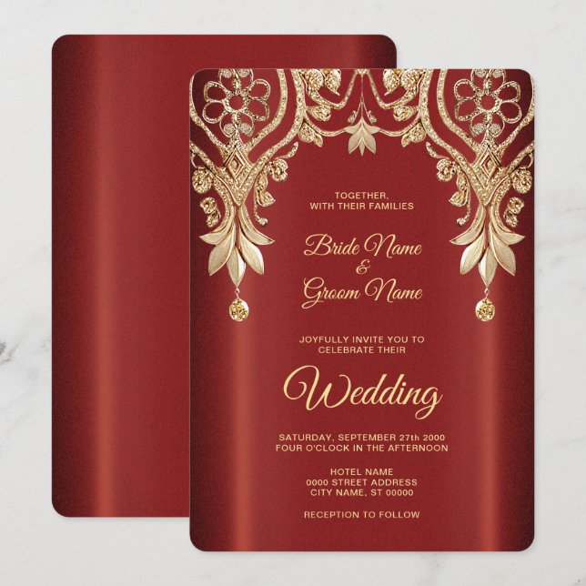 Modern Gold Red Floral Wedding Invitation (Front/Back)