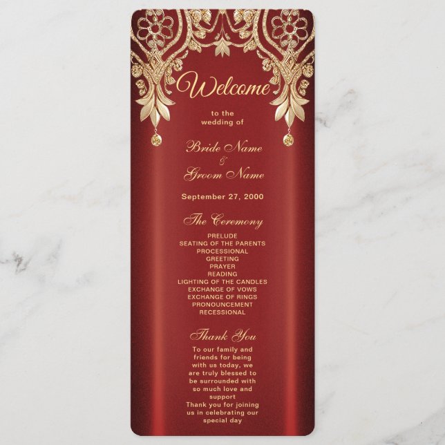 Modern Gold Red Floral Wedding Program Programme (Front)