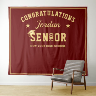 Modern Gold Red Graduation Photo Booth Backdrop Tapestry