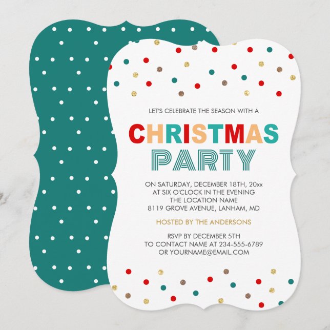 Modern Gold Red Green Confetti Christmas Party Invitation (Front/Back)