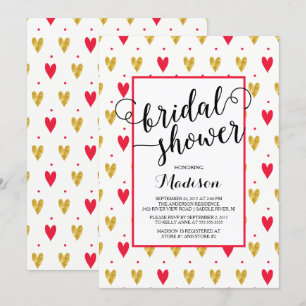 Modern Gold Red Hearts Bridal Shower Invitation