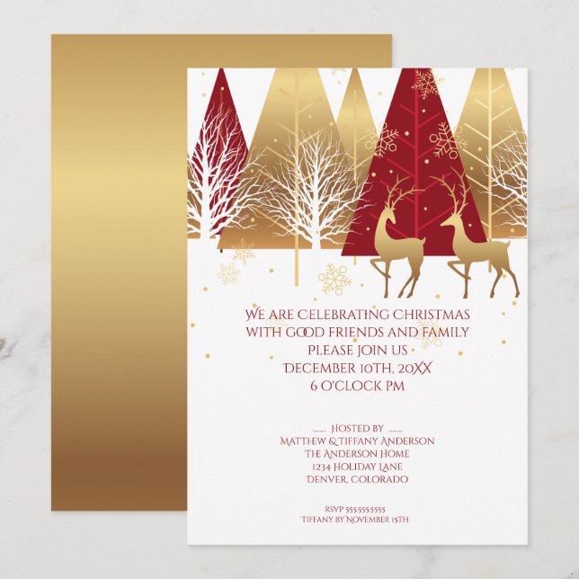 Modern Gold Red Woodland Deer Invitation (Front/Back)