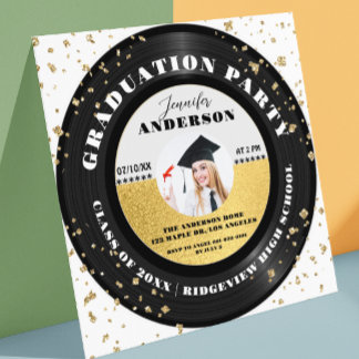 Modern Gold Retro Vinyl Record Photo Graduation Invitation