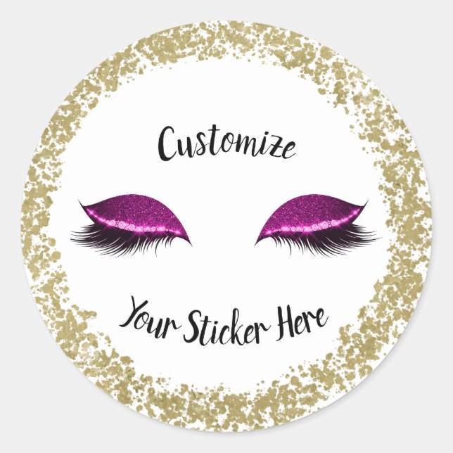 Modern Gold Ring Pink Glitter Makeup Eyelashes Classic Round Sticker (Front)