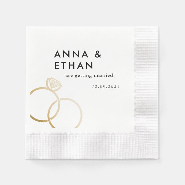Modern Gold Rings Black and White Engagement Napkin (Front)