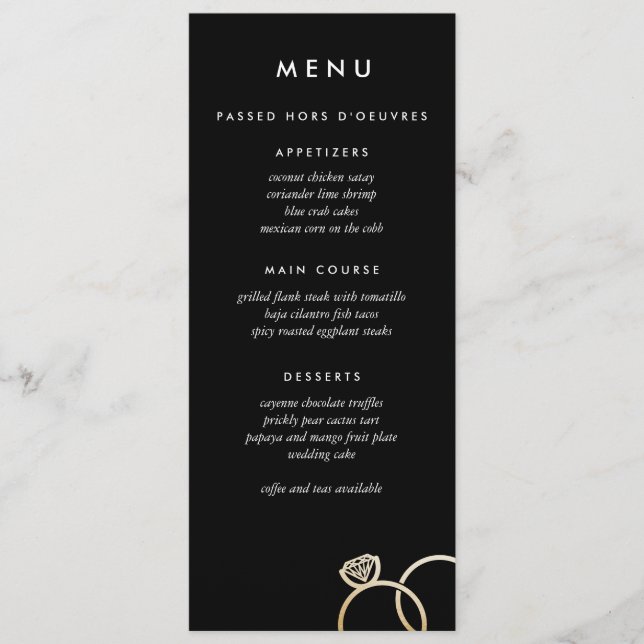 Modern Gold Rings Custom Wedding Menu Black (Front)
