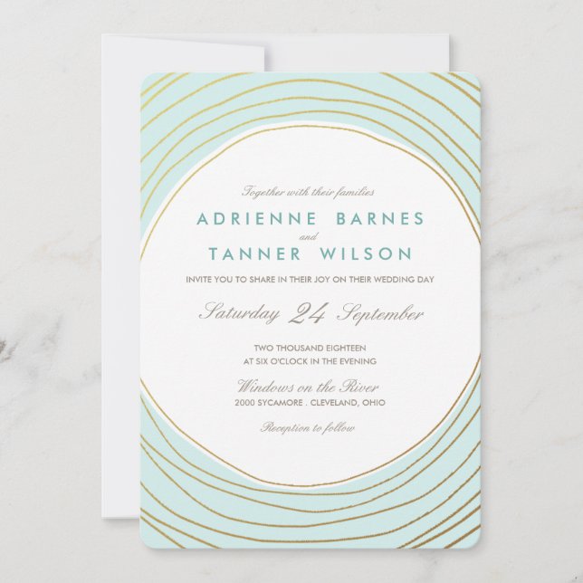 Modern Gold Rings Light Aqua Wedding Invitation (Front)