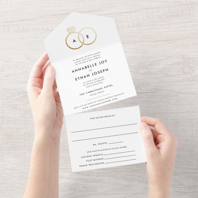 Modern Gold Rings White Wedding All In One Invitation (Tearaway)