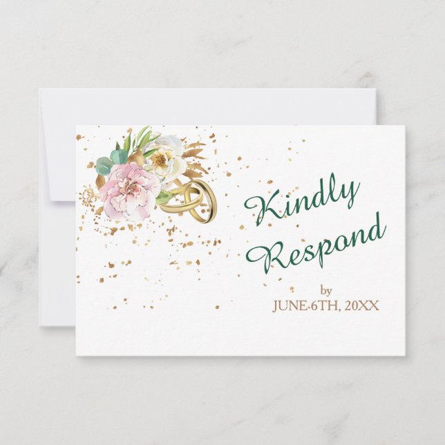 Modern Gold Rings Wild Rose Wedding RSVP Card (Front)
